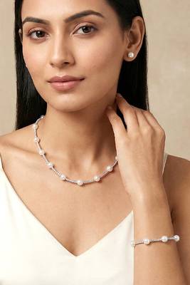 Gold plated pearl & cz studded necklace & stud earring elegant jewellery gift set for women 1