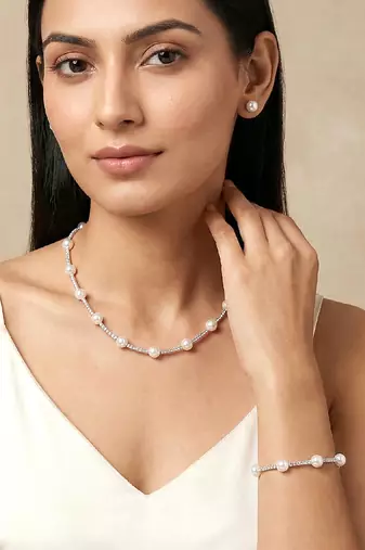 Gold plated pearl & cz studded necklace & stud earring elegant jewellery gift set for women