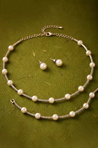 Gold plated pearl & cz studded necklace & stud earring elegant jewellery gift set for women