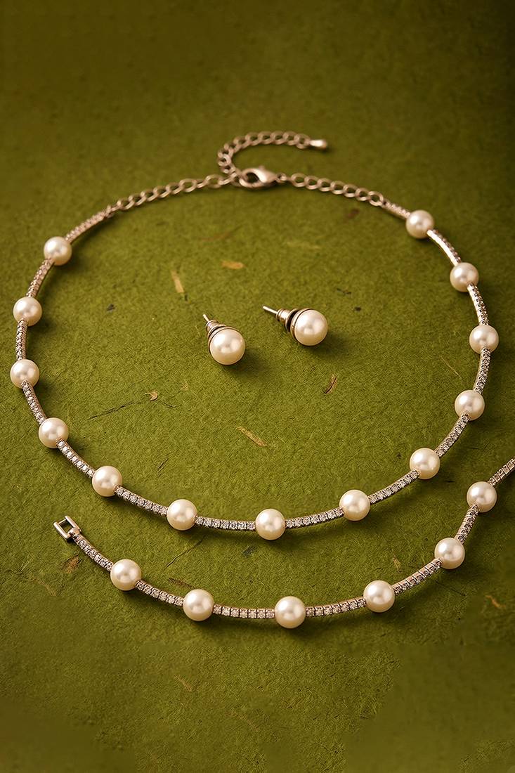 Gold plated pearl & cz studded necklace & stud earring elegant jewellery gift set for women