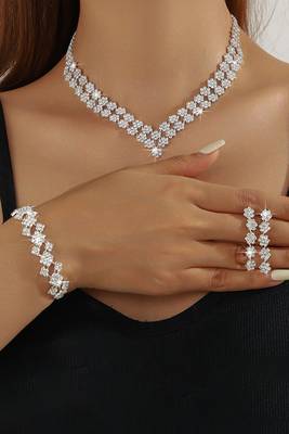 Silver plated cubic zirconia studded necklace earrings bracelet set jewellery for women 1