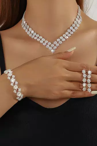 Silver plated cubic zirconia studded necklace earrings bracelet set jewellery for women