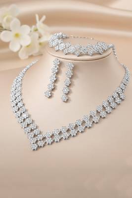Silver plated cubic zirconia studded necklace earrings bracelet set jewellery for women 2