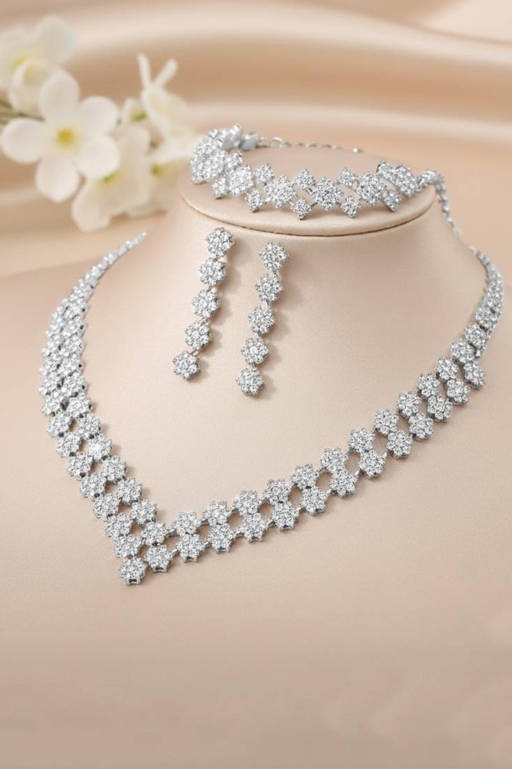 Silver plated cubic zirconia studded necklace earrings bracelet set jewellery for women