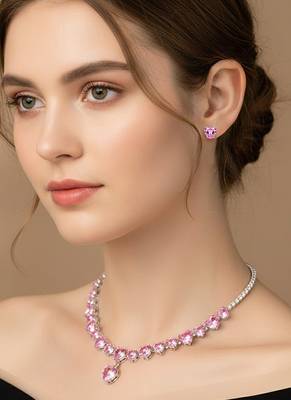 Silver plated pink crystal studded necklace earrings set contemporary jewellery for women 1