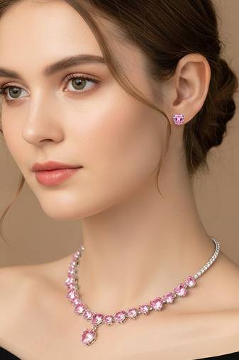 Silver plated pink crystal studded necklace earrings set contemporary jewellery for women