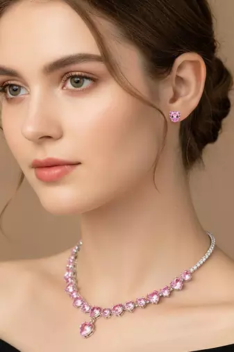 Silver plated pink crystal studded necklace earrings set contemporary jewellery for women
