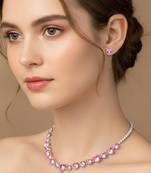 Silver plated pink crystal studded necklace earrings set contemporary jewellery for women