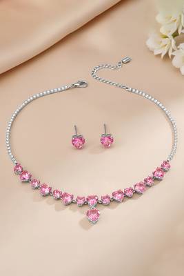 Silver plated pink crystal studded necklace earrings set contemporary jewellery for women 2