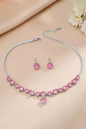 Silver plated pink crystal studded necklace earrings set contemporary jewellery for women
