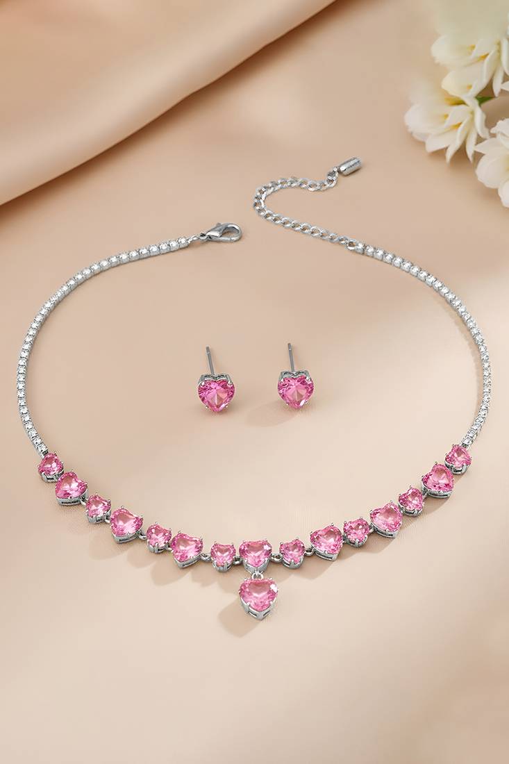 Silver plated pink crystal studded necklace earrings set contemporary jewellery for women