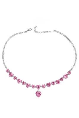 Silver plated pink crystal studded necklace earrings set contemporary jewellery for women 5