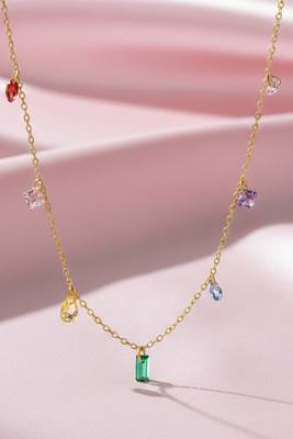 Multi-color crystal studded gold plated fancy chain necklace jewellery gift for women & girls 2