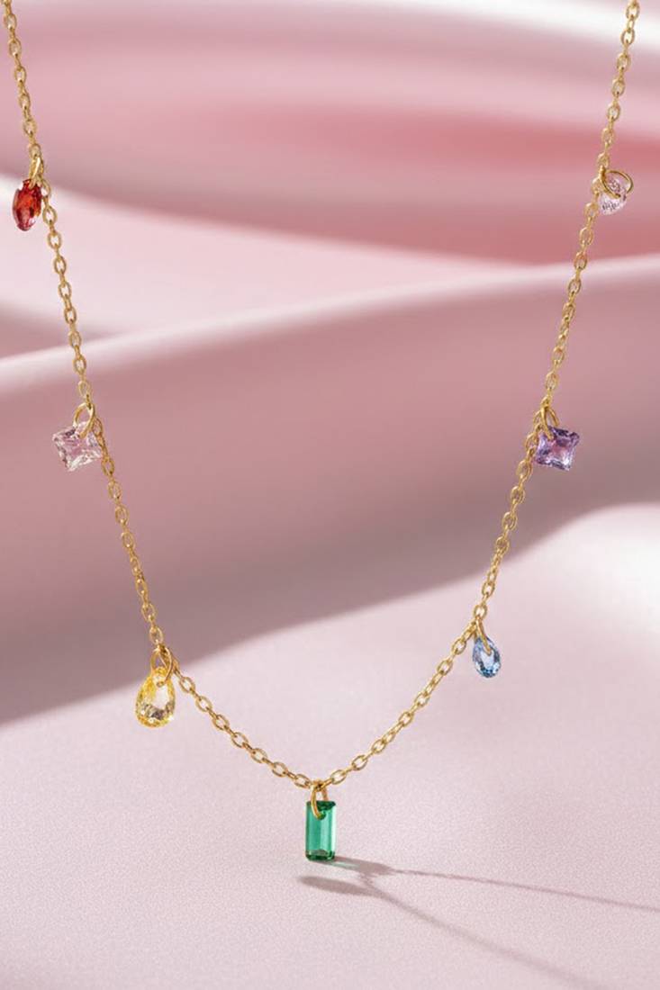 Multi-color crystal studded gold plated fancy chain necklace jewellery gift for women & girls