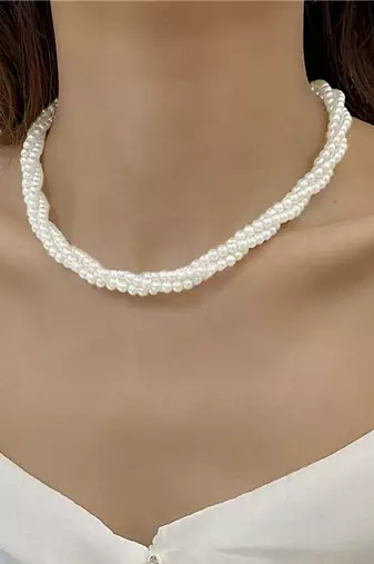 Silver plated white beads studded necklace stylish casual jewellery for women & girls (px9n56)