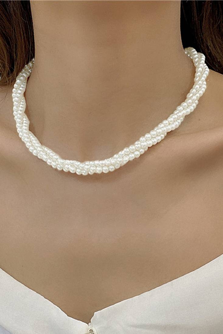 Silver plated white beads studded necklace stylish casual jewellery for women & girls (px9n56)