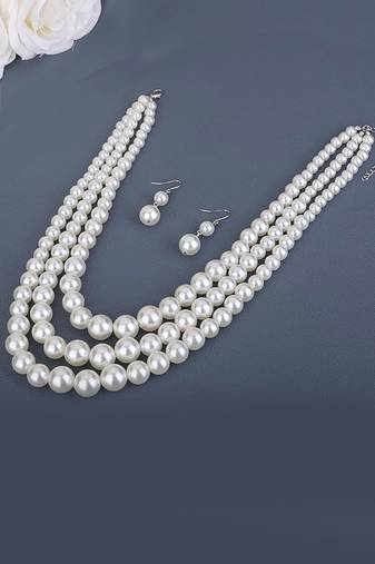 Silver plated pearl studded 3 layer necklace drop earrings set fashion jewellery for women
