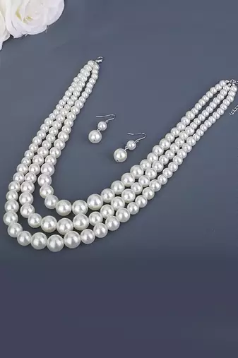 Silver plated pearl studded 3 layer necklace drop earrings set fashion jewellery for women