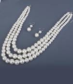 Silver plated pearl studded 3 layer necklace drop earrings set fashion jewellery for women