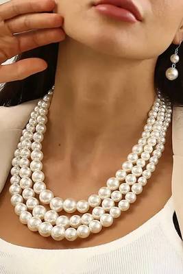Silver plated pearl studded 3 layer necklace drop earrings set fashion jewellery for women 2