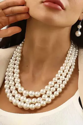 Silver plated pearl studded 3 layer necklace drop earrings set fashion jewellery for women