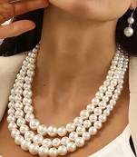 Silver plated pearl studded 3 layer necklace drop earrings set fashion jewellery for women