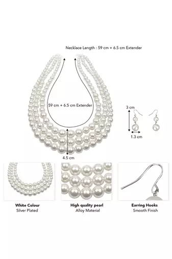 Silver plated pearl studded 3 layer necklace drop earrings set fashion jewellery for women