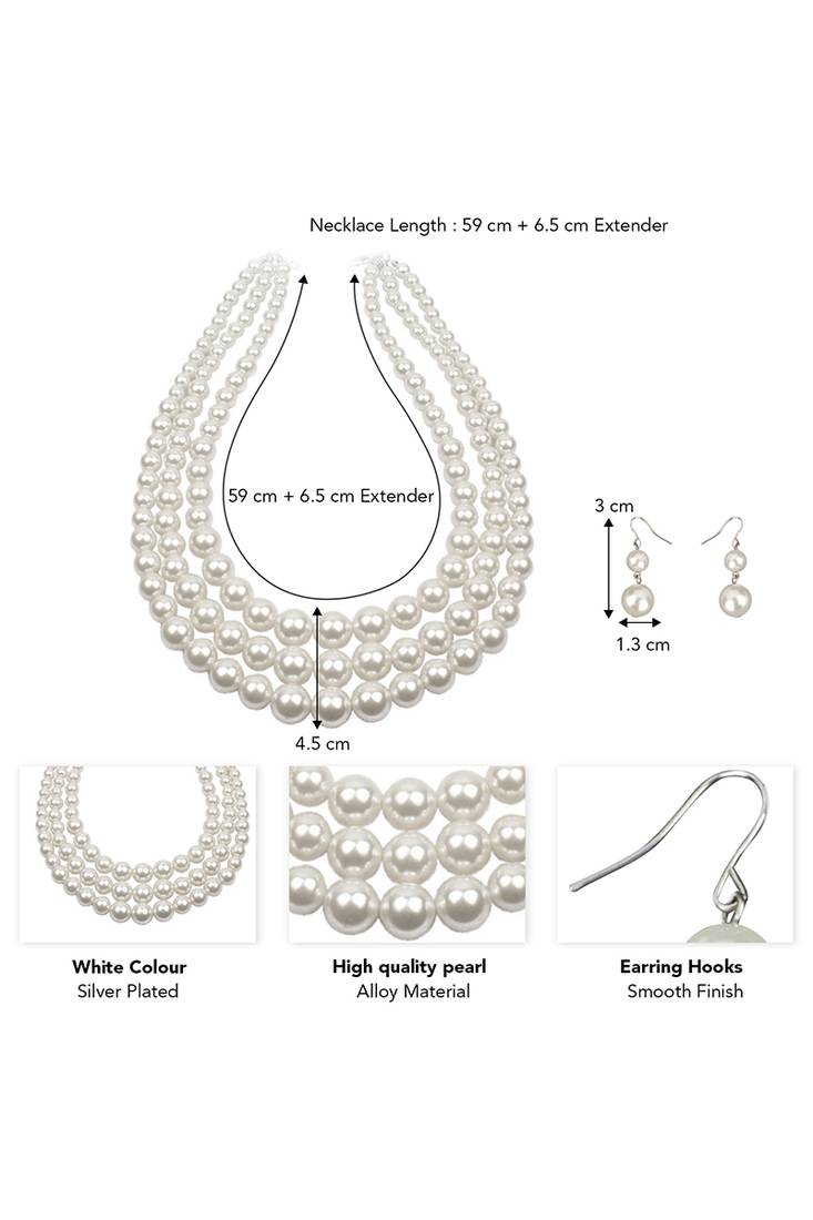 Silver plated pearl studded 3 layer necklace drop earrings set fashion jewellery for women
