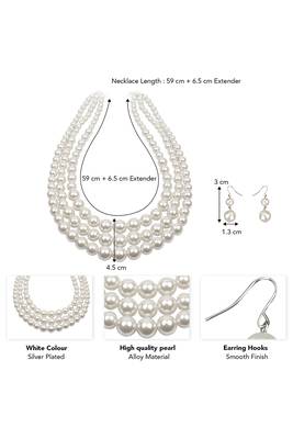 Silver plated pearl studded 3 layer necklace drop earrings set fashion jewellery for women 4