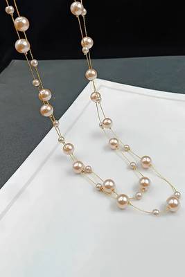 Gold plated peach pearl studded 3 layer necklace stylish jewellery gift for women & girls 1