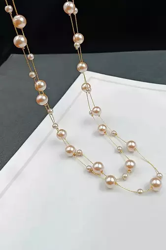Gold plated peach pearl studded 3 layer necklace stylish jewellery gift for women & girls