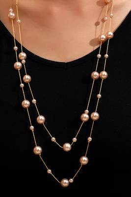 Gold plated peach pearl studded 3 layer necklace stylish jewellery gift for women & girls 2