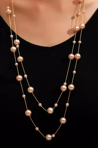Gold plated peach pearl studded 3 layer necklace stylish jewellery gift for women & girls