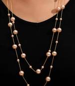 Gold plated peach pearl studded 3 layer necklace stylish jewellery gift for women & girls