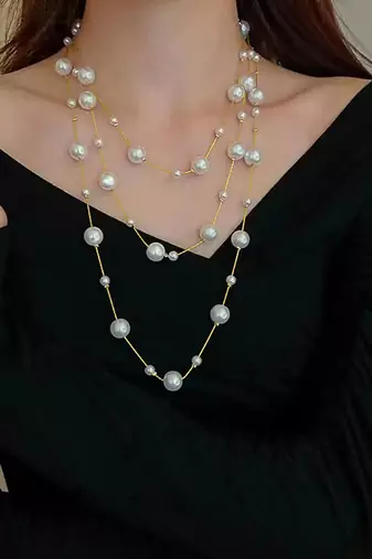 Gold plated white pearl studded 3 layer necklace stylish jewellery gift for women & girls
