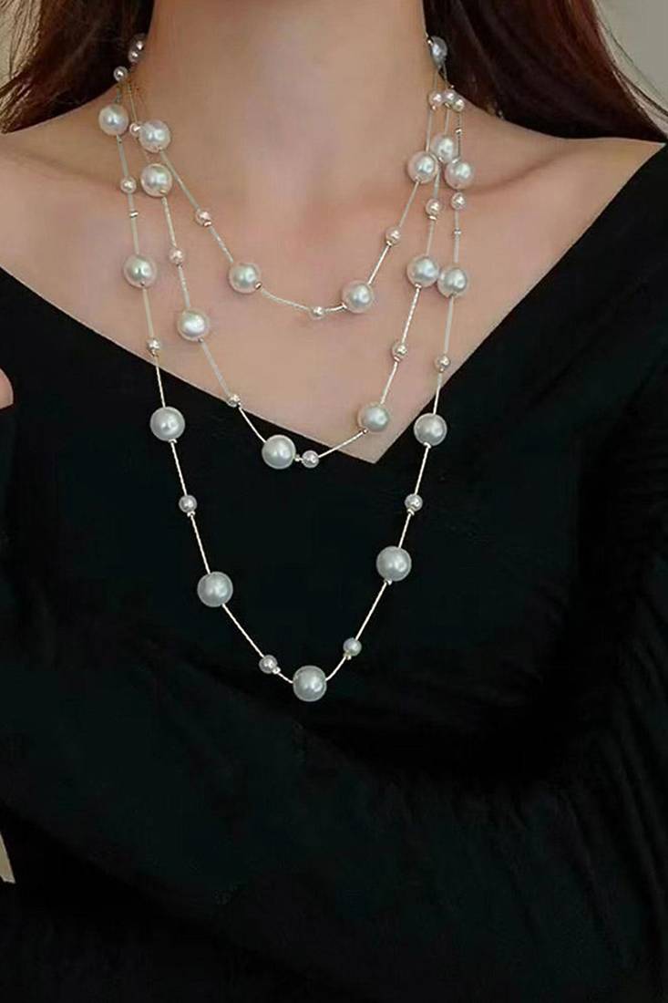 Silver plated white pearl studded 2 layer necklace stylish jewellery gift for women & girls
