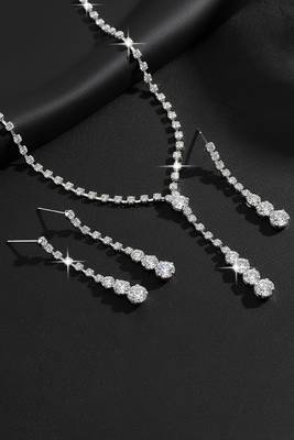Silver plated crystal studded necklace earrings set fancy contemporary jewellery for women 1