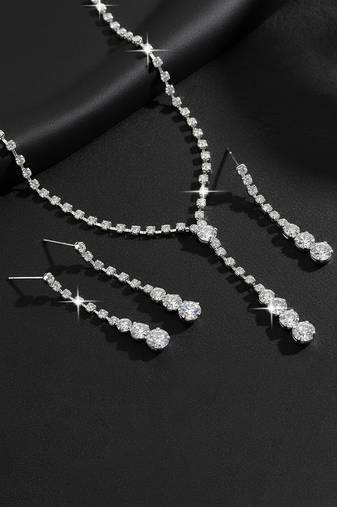 Silver plated crystal studded necklace earrings set fancy contemporary jewellery for women
