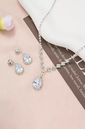 Silver plated crystal & cz studded necklace and drop earrings jewellery set for women