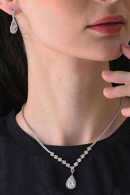 Silver plated crystal & cz studded necklace and drop earrings jewellery set for women 2