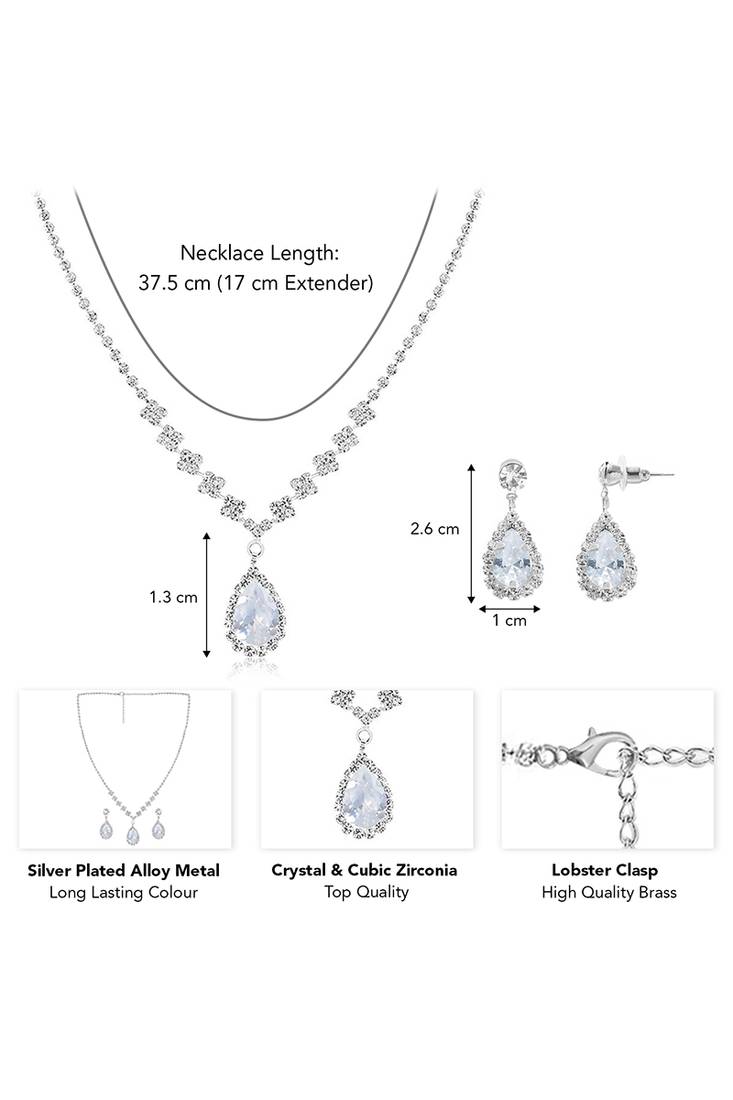 Silver plated crystal & cz studded necklace and drop earrings jewellery set for women