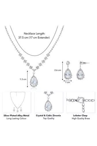 Silver plated crystal & cz studded necklace and drop earrings jewellery set for women