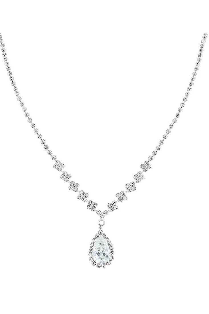 Silver plated crystal & cz studded necklace and drop earrings jewellery set for women
