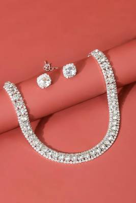 Silver plated crystal & cz studded necklace and stud earring jewellery set for women & girl 1