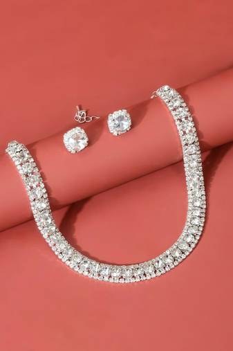 Silver plated crystal & cz studded necklace and stud earring jewellery set for women & girl