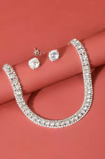 Silver plated crystal & cz studded necklace and stud earring jewellery set for women & girl