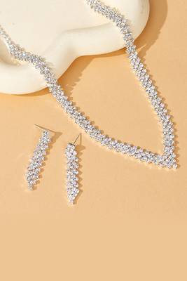 Silver plated cubic zirconia necklace and drop earring set elegant fashion jewellery for women 1