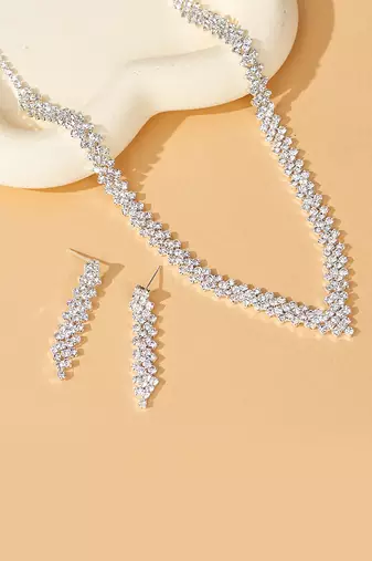 Silver plated cubic zirconia necklace and drop earring set elegant fashion jewellery for women