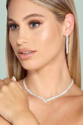 Silver plated cubic zirconia necklace and drop earring set elegant fashion jewellery for women 2