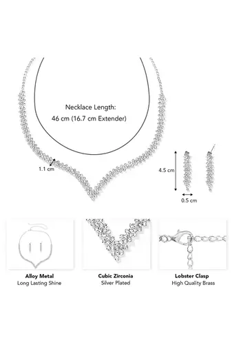 Silver plated cubic zirconia necklace and drop earring set elegant fashion jewellery for women